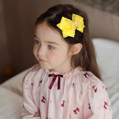 4" Glitter Yellow Scalloped Edge Grosgrain Ribbon Hair Bow Clips for Girls | Sparkly Butterfly Hair Accessories, Non-Slip Alligator Clips, in Pair, Easter Egg Stuffers, Gift for Black to School