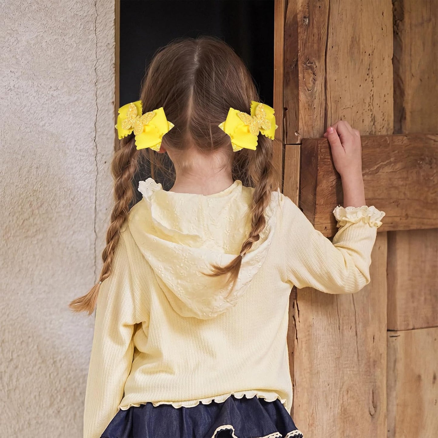 4" Glitter Yellow Scalloped Edge Grosgrain Ribbon Hair Bow Clips for Girls | Sparkly Butterfly Hair Accessories, Non-Slip Alligator Clips, in Pair, Easter Egg Stuffers, Gift for Black to School
