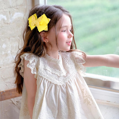 4" Glitter Yellow Scalloped Edge Grosgrain Ribbon Hair Bow Clips for Girls | Sparkly Butterfly Hair Accessories, Non-Slip Alligator Clips, in Pair, Easter Egg Stuffers, Gift for Black to School