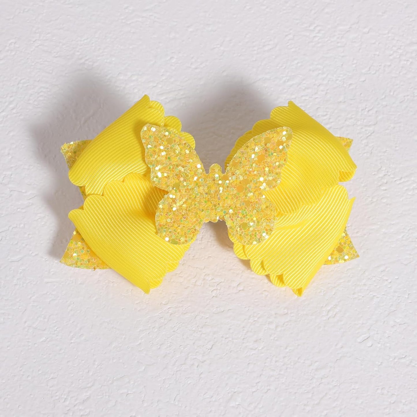 4" Glitter Yellow Scalloped Edge Grosgrain Ribbon Hair Bow Clips for Girls | Sparkly Butterfly Hair Accessories, Non-Slip Alligator Clips, in Pair, Easter Egg Stuffers, Gift for Black to School