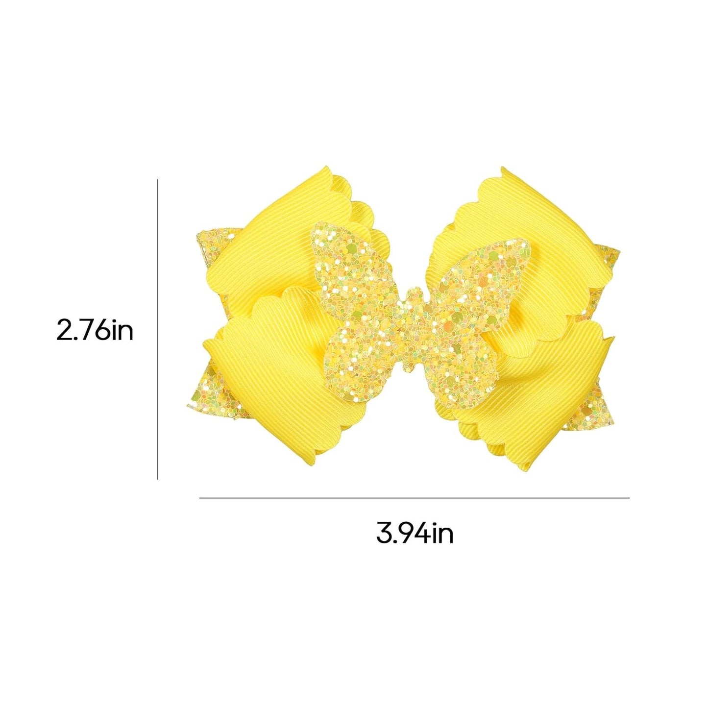 4" Glitter Yellow Scalloped Edge Grosgrain Ribbon Hair Bow Clips for Girls | Sparkly Butterfly Hair Accessories, Non-Slip Alligator Clips, in Pair, Easter Egg Stuffers, Gift for Black to School