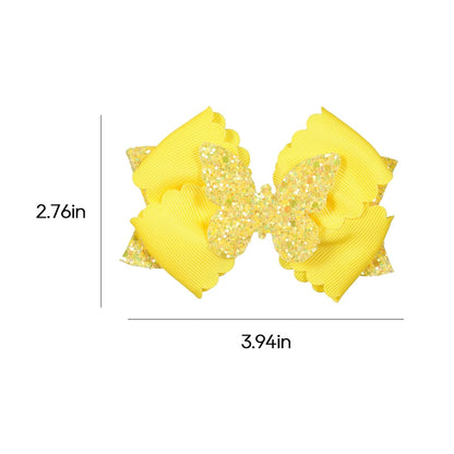 4" Glitter Yellow Scalloped Edge Grosgrain Ribbon Hair Bow Clips for Girls | Sparkly Butterfly Hair Accessories, Non-Slip Alligator Clips, in Pair, Easter Egg Stuffers, Gift for Black to School