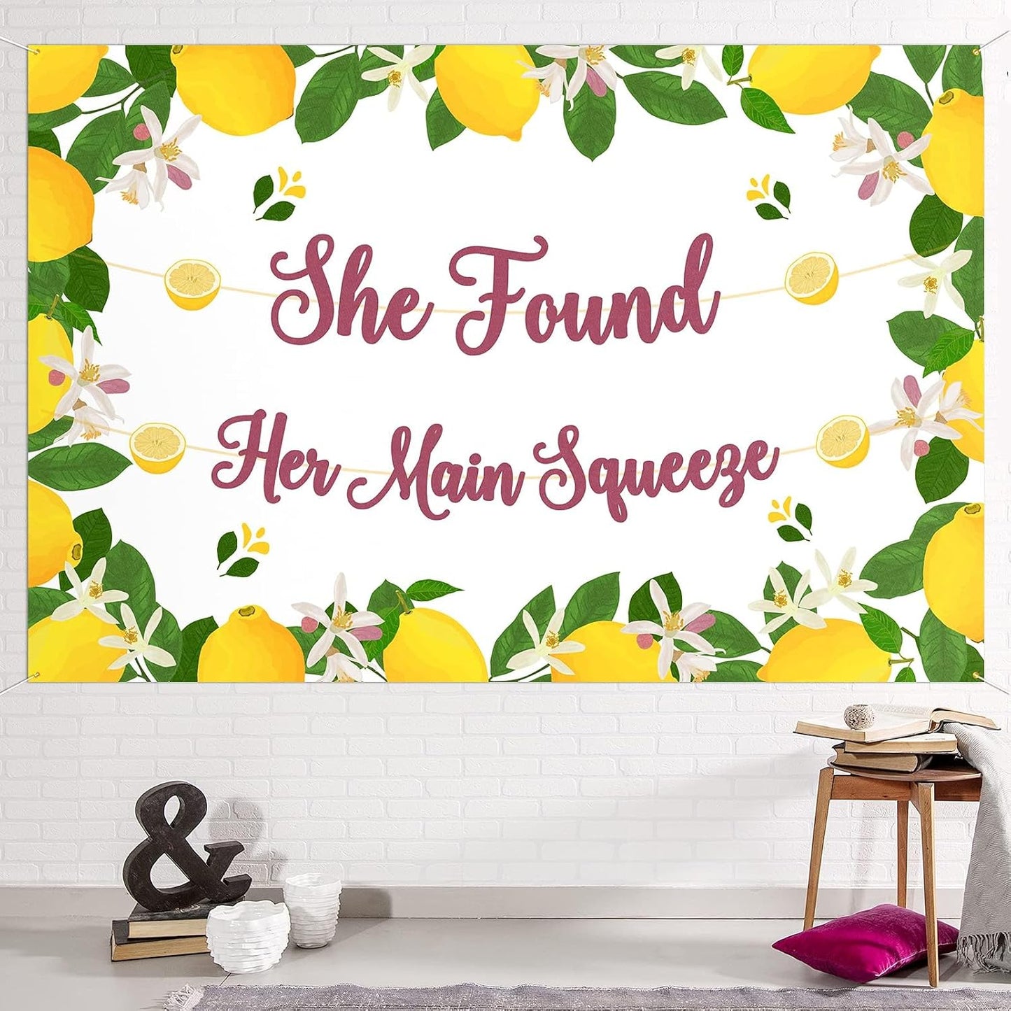 White She Found Her Main Squeeze Bridal Shower Backdrop,Lemon Citrus Fruit Decorations,Wedding Engagement Party Lemon Theme Decorations Bridal Shower for Women Supplies.