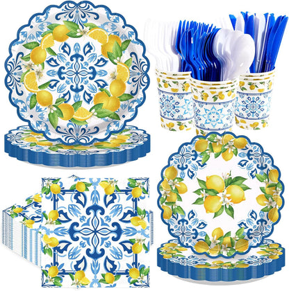 168Pcs Capri Lemon Party Decoration Blue Tiles Plates Napkins Cups Forks Knives Spoons Scalloped Blue Yellow Lemon Disposable Tableware Set for Wedding Bridal Shower Party Supplies Serves 24