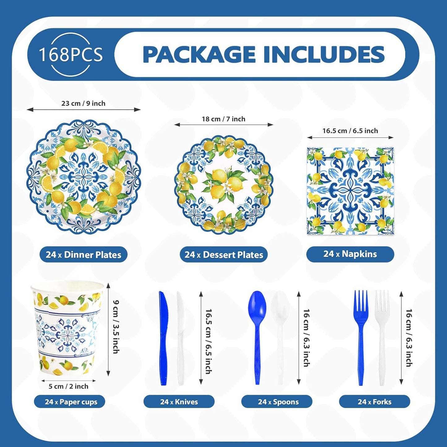 168Pcs Capri Lemon Party Decoration Blue Tiles Plates Napkins Cups Forks Knives Spoons Scalloped Blue Yellow Lemon Disposable Tableware Set for Wedding Bridal Shower Party Supplies Serves 24