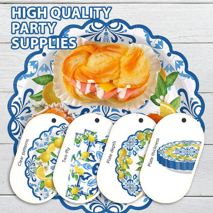 168Pcs Capri Lemon Party Decoration Blue Tiles Plates Napkins Cups Forks Knives Spoons Scalloped Blue Yellow Lemon Disposable Tableware Set for Wedding Bridal Shower Party Supplies Serves 24
