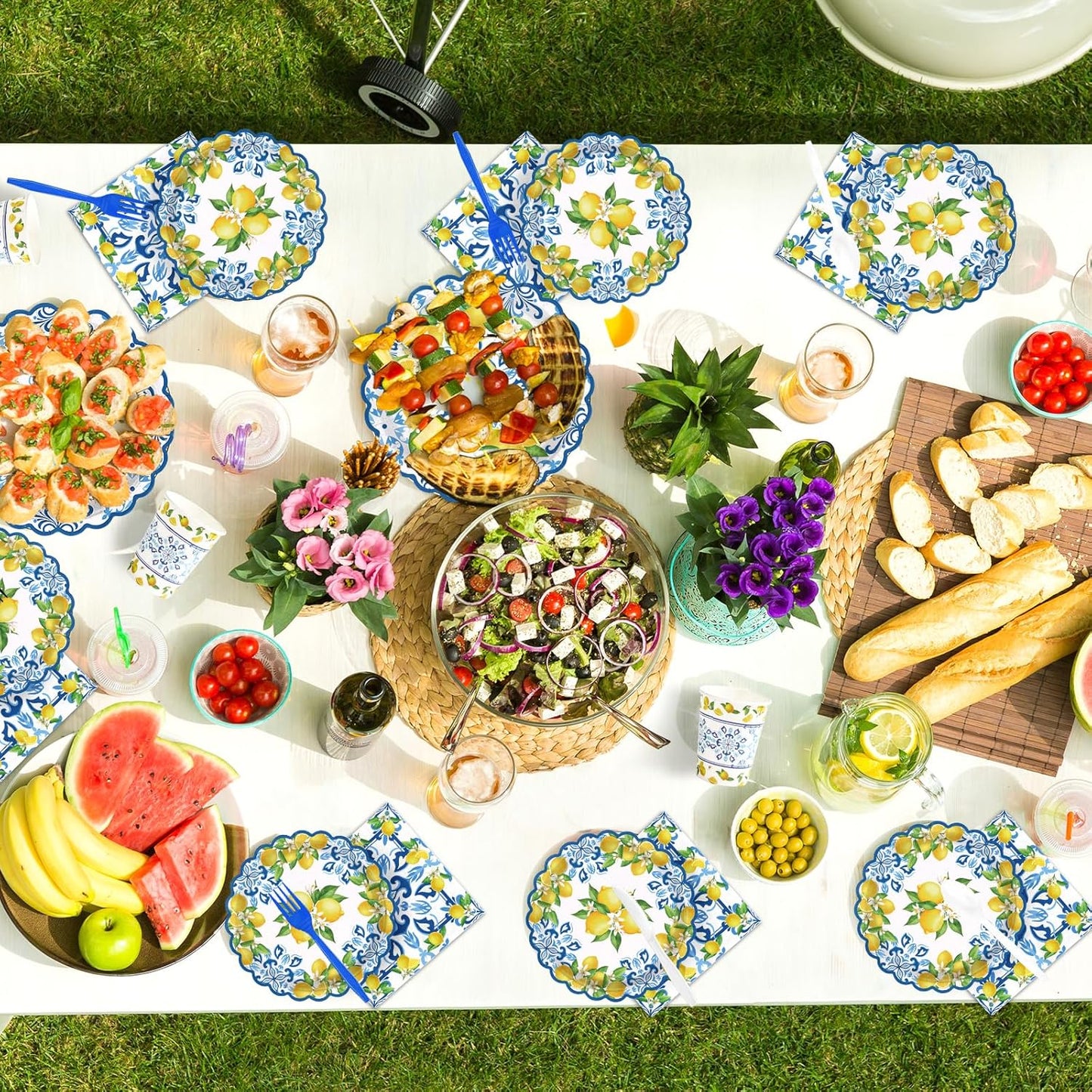 168Pcs Capri Lemon Party Decoration Blue Tiles Plates Napkins Cups Forks Knives Spoons Scalloped Blue Yellow Lemon Disposable Tableware Set for Wedding Bridal Shower Party Supplies Serves 24