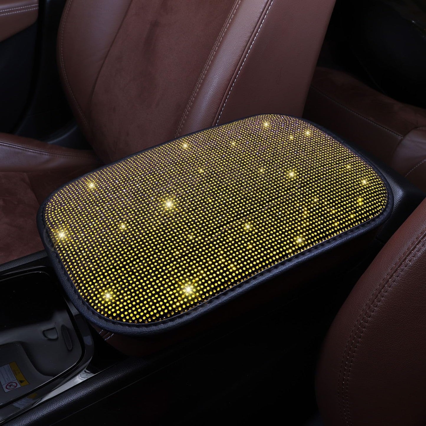Yellow Arm Rest Cover, Rhinestone Crystal Diamond Bling Center Console Cover, Universal Fit All Vehicles, Interior Bling Car Accessories for Women, Yellow