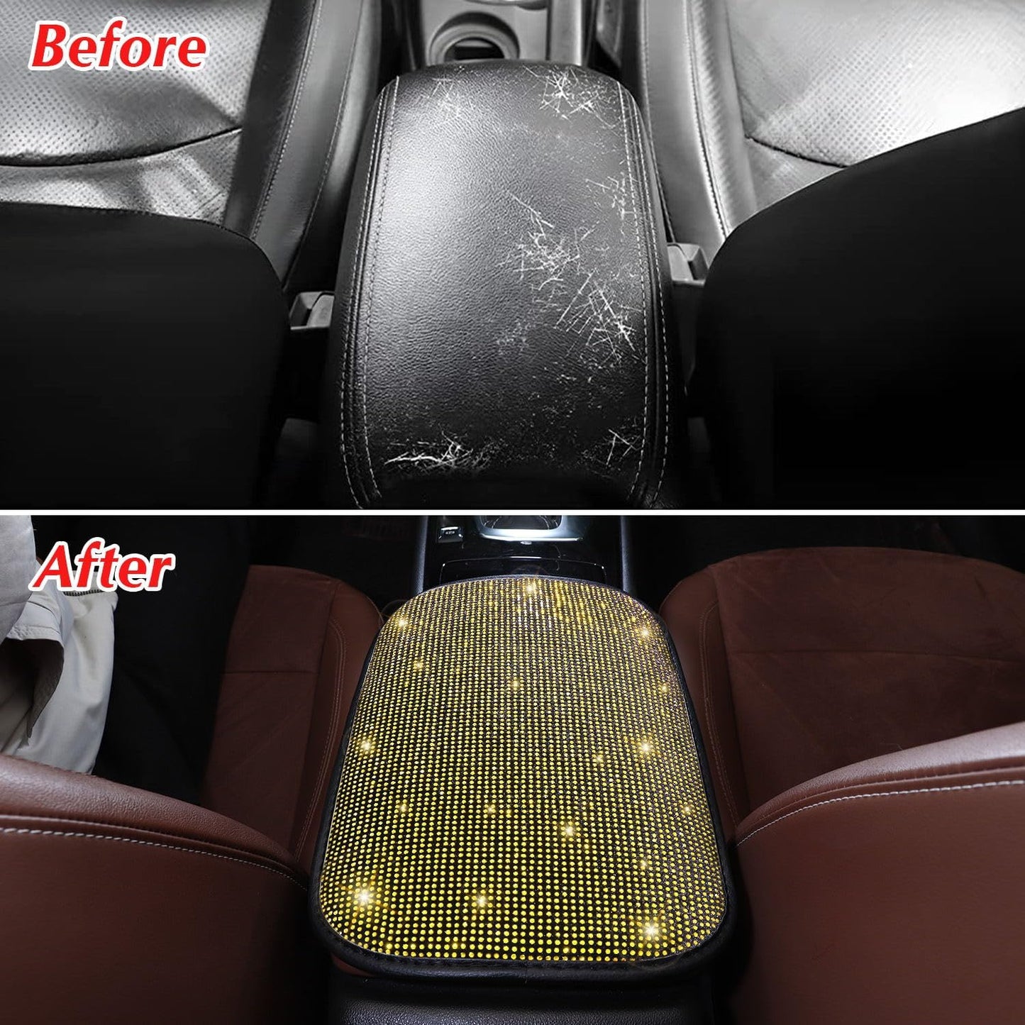 Yellow Arm Rest Cover, Rhinestone Crystal Diamond Bling Center Console Cover, Universal Fit All Vehicles, Interior Bling Car Accessories for Women, Yellow