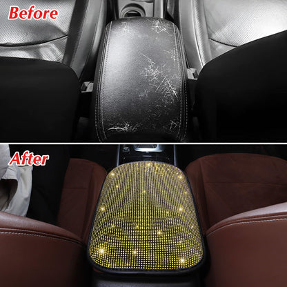 Yellow Arm Rest Cover, Rhinestone Crystal Diamond Bling Center Console Cover, Universal Fit All Vehicles, Interior Bling Car Accessories for Women, Yellow