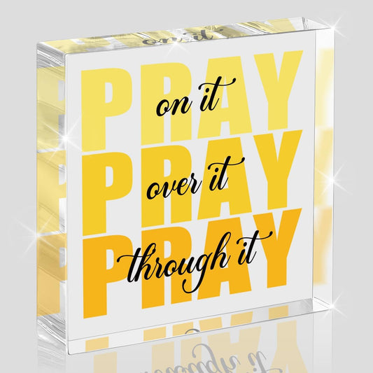 Yellow Room Decor, Inspirational Christian Gifts for Women, Yellow Dorm Bathroom Room Decoration, Office Decor for Women, Acrylic Office Desk Accessories Decoration Wall Art Sign-Pray through it