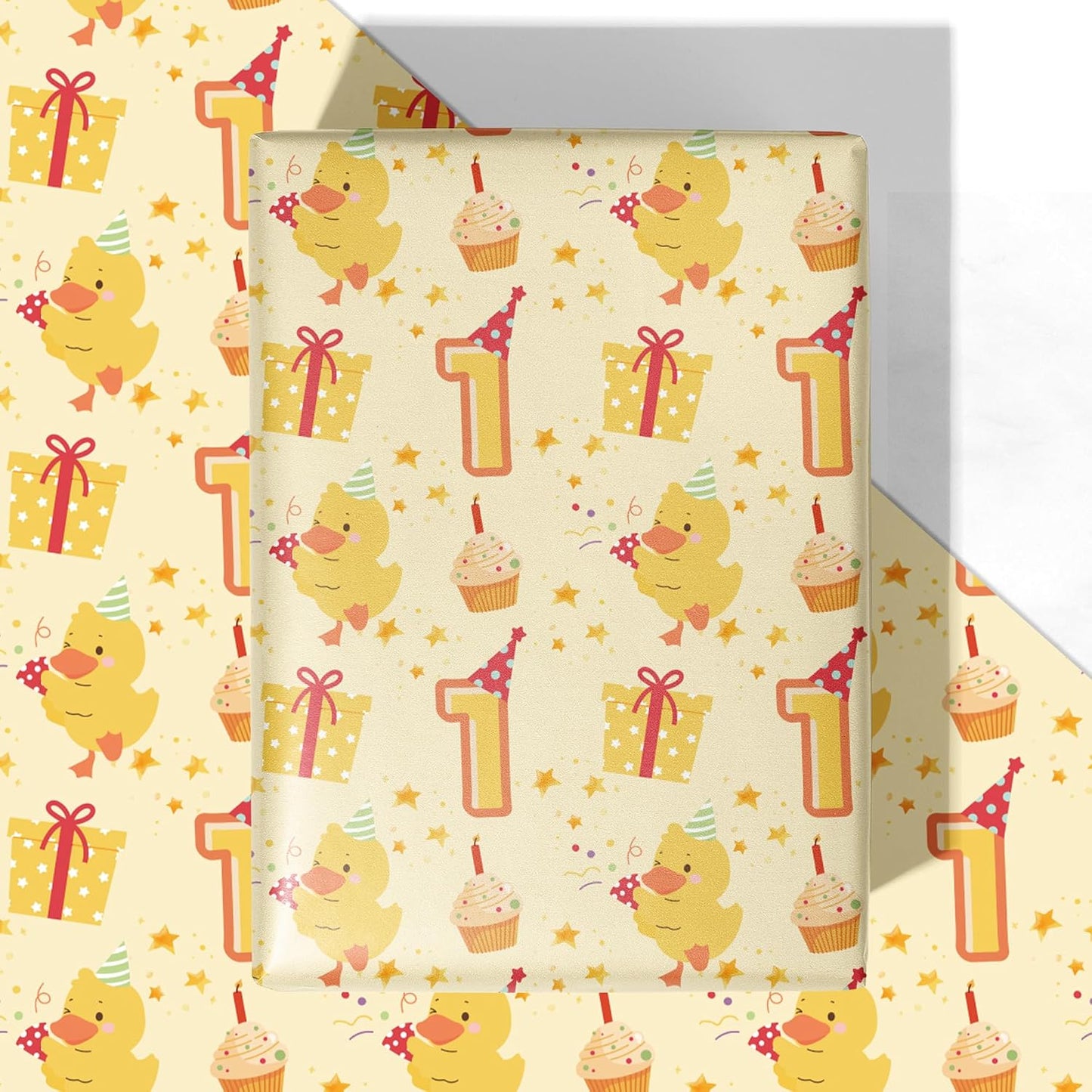 Duck 1st Birthday Wrapping Paper - 4 Jumbo Sheets, 28 * 40 Inches - Yellow Baby Gift Wrap with Cupcake, Gifts, 1" and Stars, Perfect for Boys Girls First Birthday's Party or Baby Shower