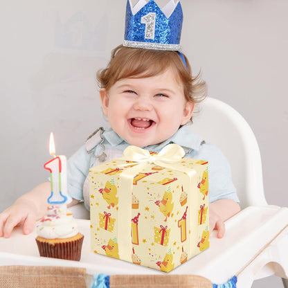 Duck 1st Birthday Wrapping Paper - 4 Jumbo Sheets, 28 * 40 Inches - Yellow Baby Gift Wrap with Cupcake, Gifts, 1" and Stars, Perfect for Boys Girls First Birthday's Party or Baby Shower