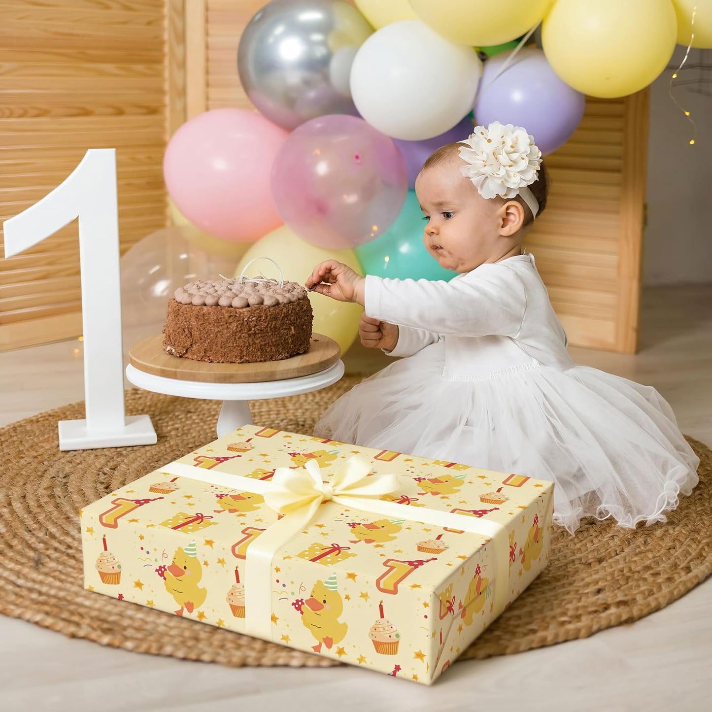 Duck 1st Birthday Wrapping Paper - 4 Jumbo Sheets, 28 * 40 Inches - Yellow Baby Gift Wrap with Cupcake, Gifts, 1" and Stars, Perfect for Boys Girls First Birthday's Party or Baby Shower