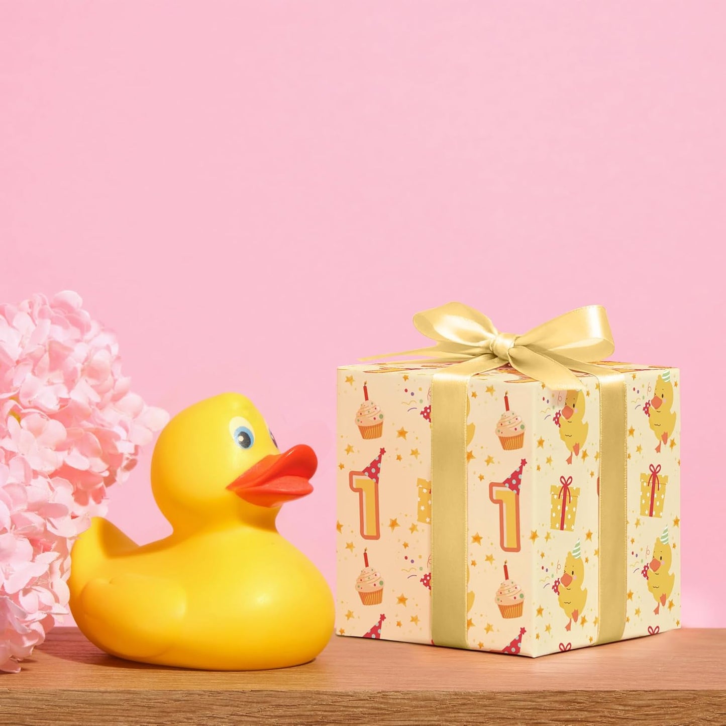 Duck 1st Birthday Wrapping Paper - 4 Jumbo Sheets, 28 * 40 Inches - Yellow Baby Gift Wrap with Cupcake, Gifts, 1" and Stars, Perfect for Boys Girls First Birthday's Party or Baby Shower