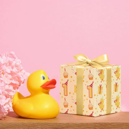 Duck 1st Birthday Wrapping Paper - 4 Jumbo Sheets, 28 * 40 Inches - Yellow Baby Gift Wrap with Cupcake, Gifts, 1" and Stars, Perfect for Boys Girls First Birthday's Party or Baby Shower