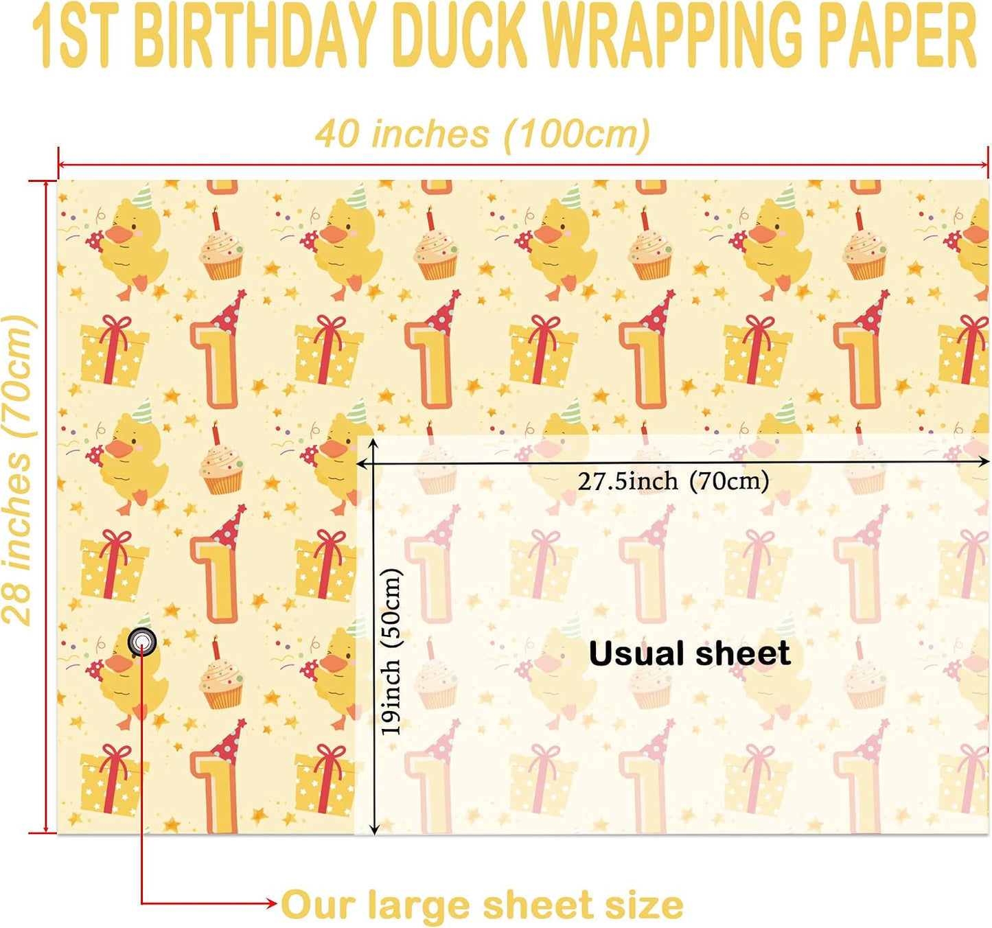 Duck 1st Birthday Wrapping Paper - 4 Jumbo Sheets, 28 * 40 Inches - Yellow Baby Gift Wrap with Cupcake, Gifts, 1" and Stars, Perfect for Boys Girls First Birthday's Party or Baby Shower
