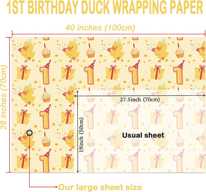 Duck 1st Birthday Wrapping Paper - 4 Jumbo Sheets, 28 * 40 Inches - Yellow Baby Gift Wrap with Cupcake, Gifts, 1" and Stars, Perfect for Boys Girls First Birthday's Party or Baby Shower