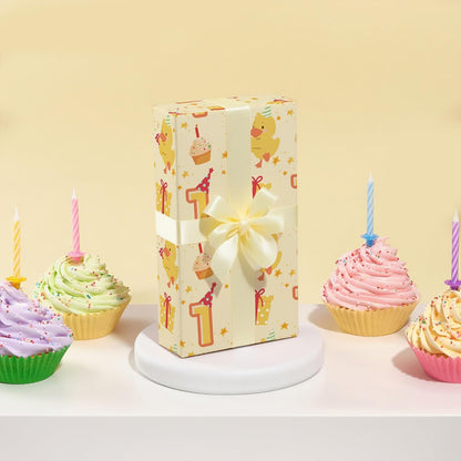 Duck 1st Birthday Wrapping Paper - 4 Jumbo Sheets, 28 * 40 Inches - Yellow Baby Gift Wrap with Cupcake, Gifts, 1" and Stars, Perfect for Boys Girls First Birthday's Party or Baby Shower