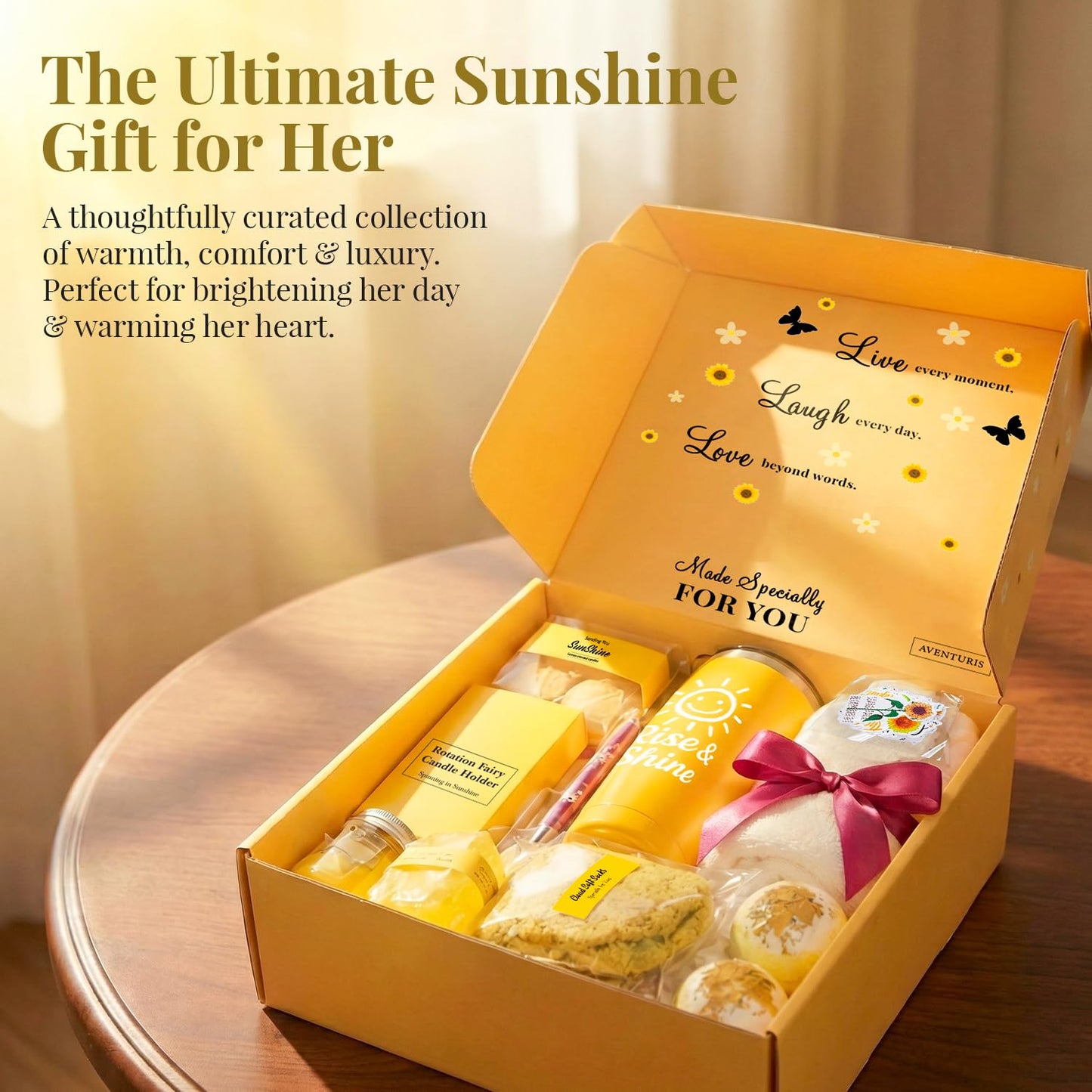 Sunflower Gifts for Women, 17pcs Sunshine Box Care Package for Her, Get Well Soon Gift Baskets for Women, Birthday Basket For Her, Gift Box for Girls, Hug in a Box & Stress Relief Spa Set for Her