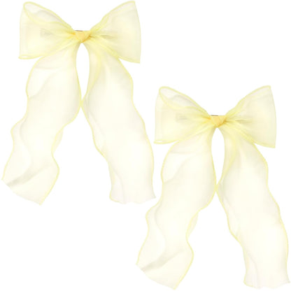 2Pcs Large Hair Bow Clips, Yellow Silk Yarn Ribbon Bow Hair Barrette | HairClips for Women, Elegant Long Tail Bowknot French Hair Accessories for Wedding, Parties, Festivals - Style 4