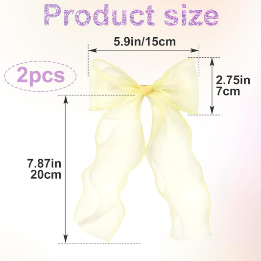 2Pcs Large Hair Bow Clips, Yellow Silk Yarn Ribbon Bow Hair Barrette | HairClips for Women, Elegant Long Tail Bowknot French Hair Accessories for Wedding, Parties, Festivals - Style 4