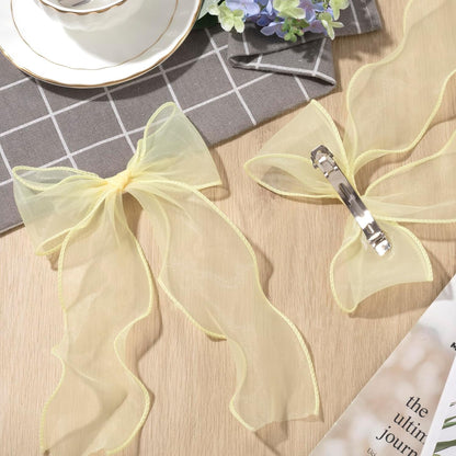 2Pcs Large Hair Bow Clips, Yellow Silk Yarn Ribbon Bow Hair Barrette | HairClips for Women, Elegant Long Tail Bowknot French Hair Accessories for Wedding, Parties, Festivals - Style 4