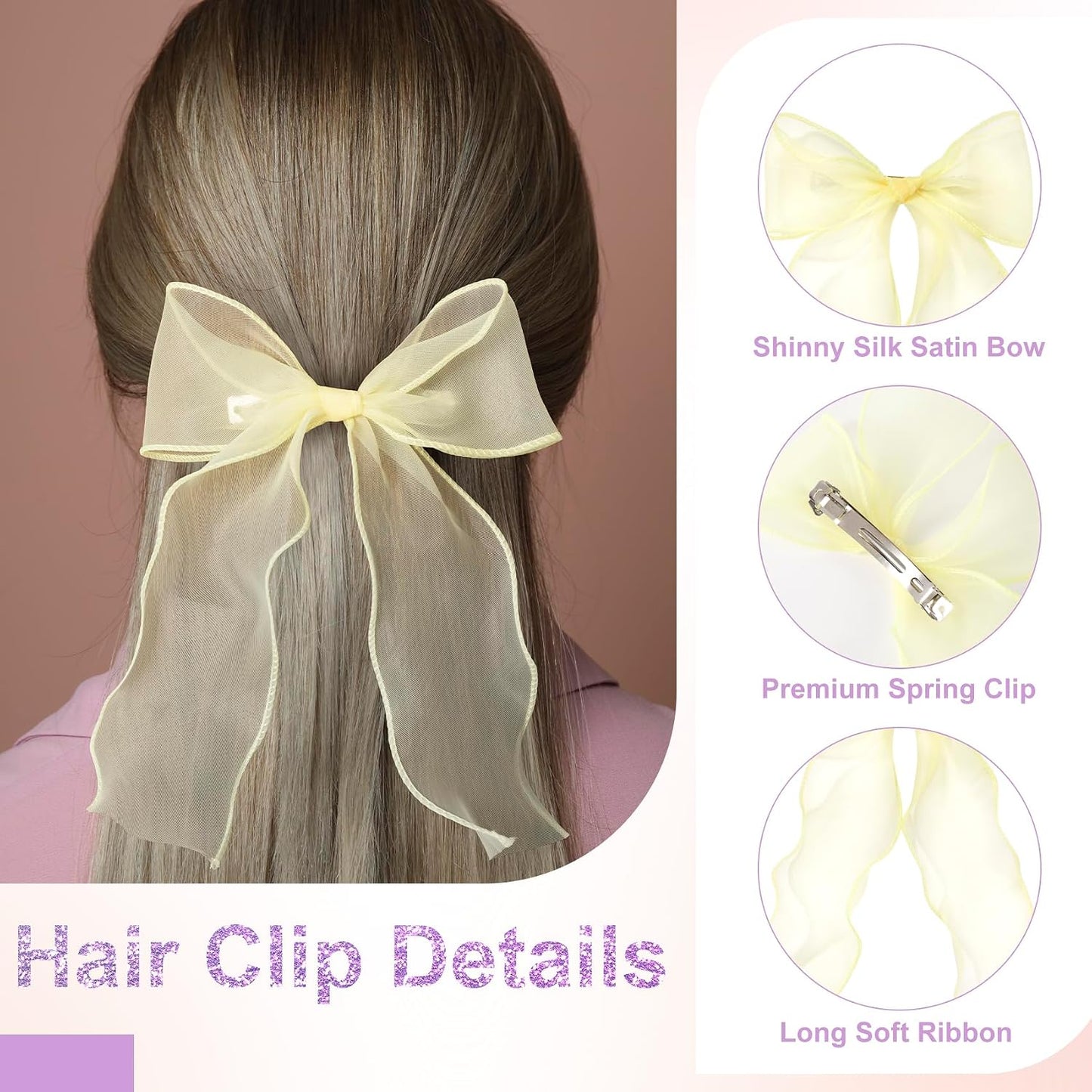 2Pcs Large Hair Bow Clips, Yellow Silk Yarn Ribbon Bow Hair Barrette | HairClips for Women, Elegant Long Tail Bowknot French Hair Accessories for Wedding, Parties, Festivals - Style 4
