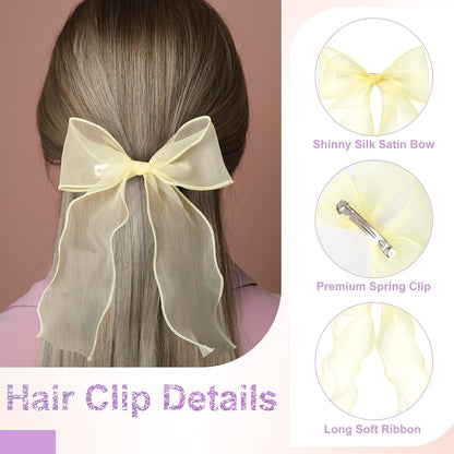 2Pcs Large Hair Bow Clips, Yellow Silk Yarn Ribbon Bow Hair Barrette | HairClips for Women, Elegant Long Tail Bowknot French Hair Accessories for Wedding, Parties, Festivals - Style 4