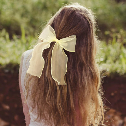 2Pcs Large Hair Bow Clips, Yellow Silk Yarn Ribbon Bow Hair Barrette | HairClips for Women, Elegant Long Tail Bowknot French Hair Accessories for Wedding, Parties, Festivals - Style 4
