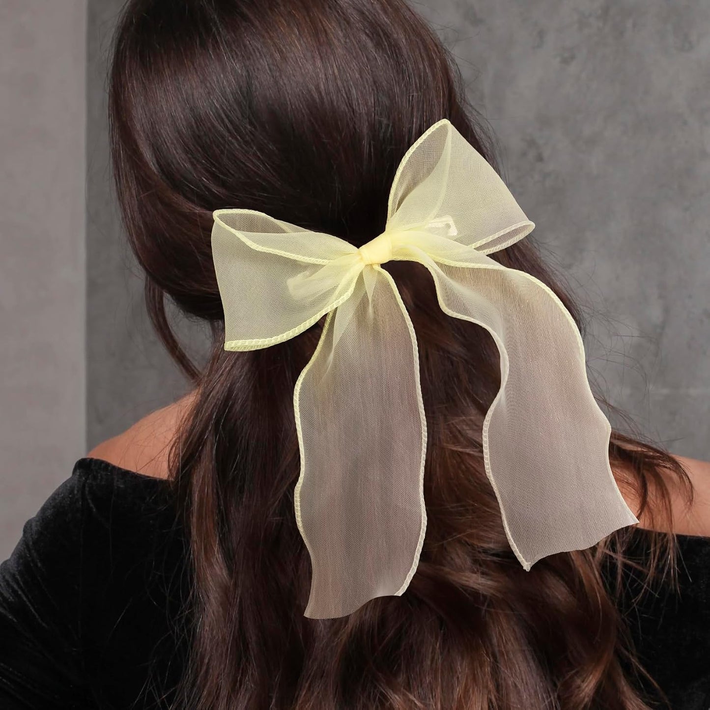 2Pcs Large Hair Bow Clips, Yellow Silk Yarn Ribbon Bow Hair Barrette | HairClips for Women, Elegant Long Tail Bowknot French Hair Accessories for Wedding, Parties, Festivals - Style 4