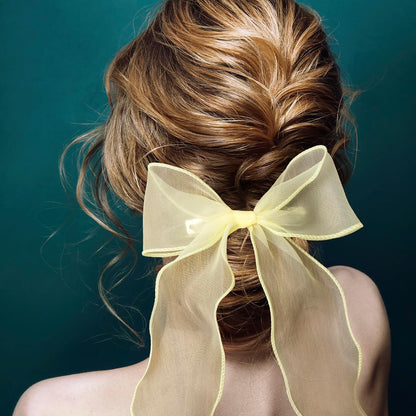 2Pcs Large Hair Bow Clips, Yellow Silk Yarn Ribbon Bow Hair Barrette | HairClips for Women, Elegant Long Tail Bowknot French Hair Accessories for Wedding, Parties, Festivals - Style 4