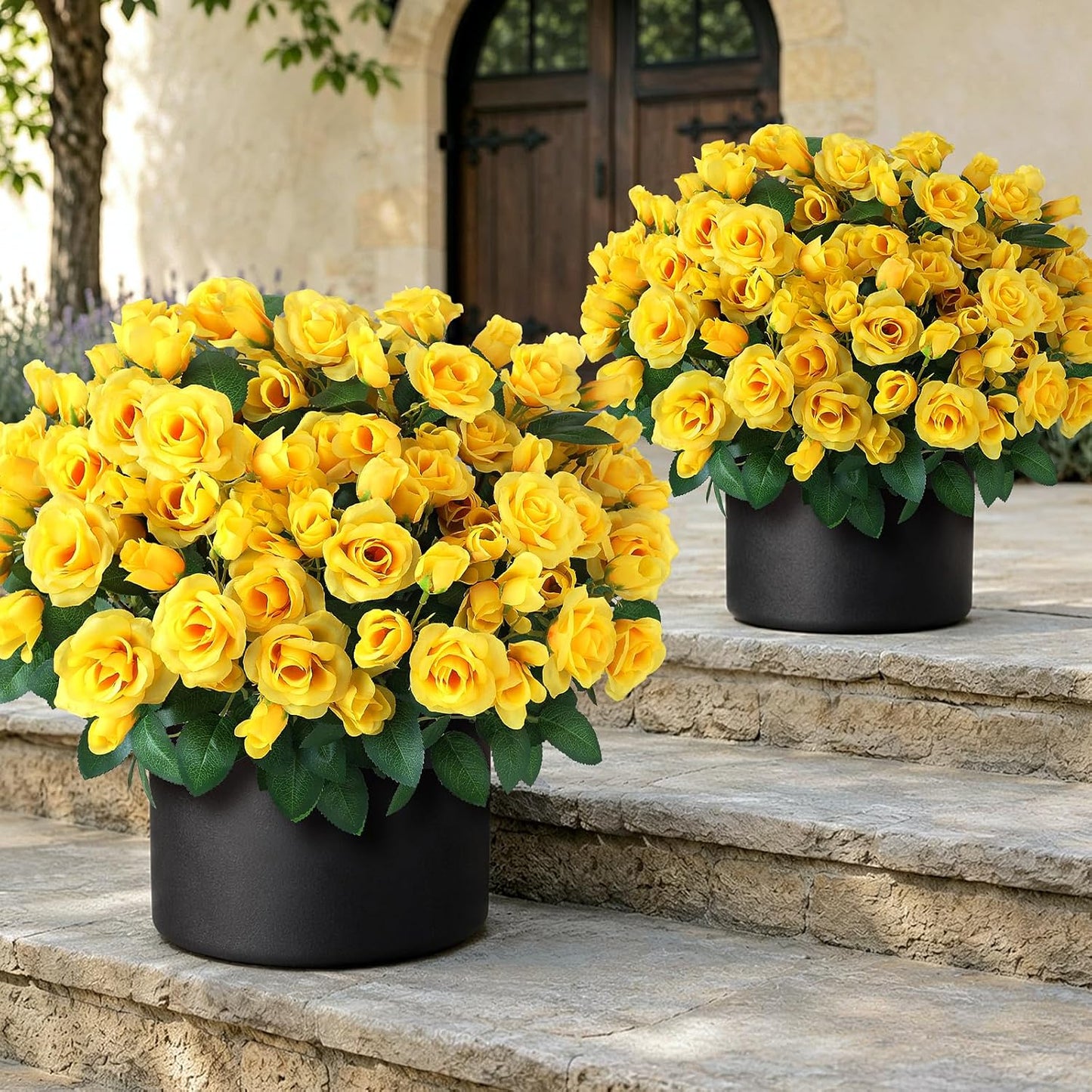 2Pcs 18"Artificial Silk Rose Flower Topiary Tree for Front Porch(Yellow) | No Assembly Needed, UV Resistant, Lifelike Potted Plant, Fake Bushes, for Outdoor/Farmhouse/Garden/Spring/Summer Decor