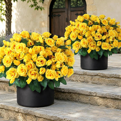 2Pcs 18"Artificial Silk Rose Flower Topiary Tree for Front Porch(Yellow) | No Assembly Needed, UV Resistant, Lifelike Potted Plant, Fake Bushes, for Outdoor/Farmhouse/Garden/Spring/Summer Decor