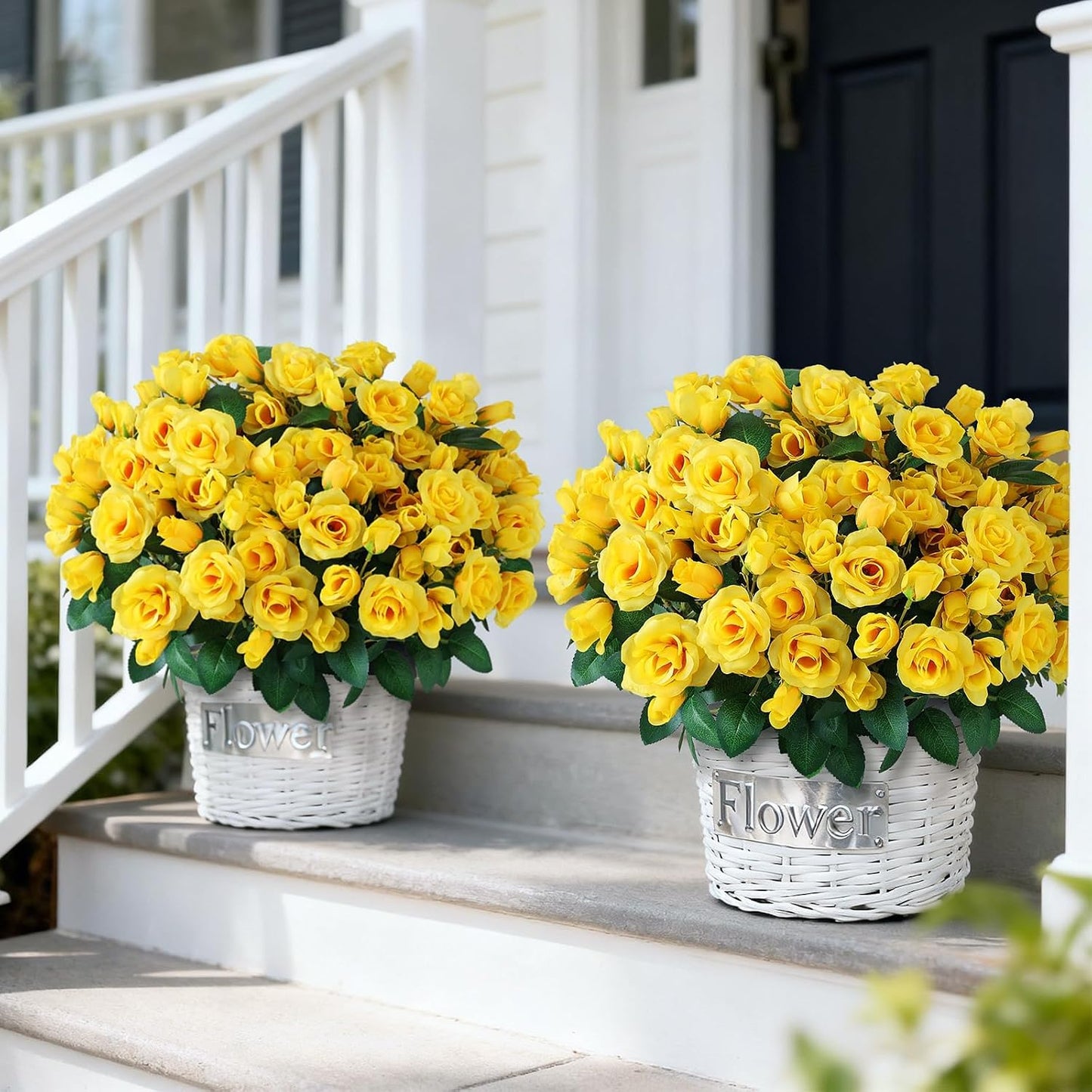 2Pcs 18"Artificial Silk Rose Flower Topiary Tree for Front Porch(Yellow) | No Assembly Needed, UV Resistant, Lifelike Potted Plant, Fake Bushes, for Outdoor/Farmhouse/Garden/Spring/Summer Decor