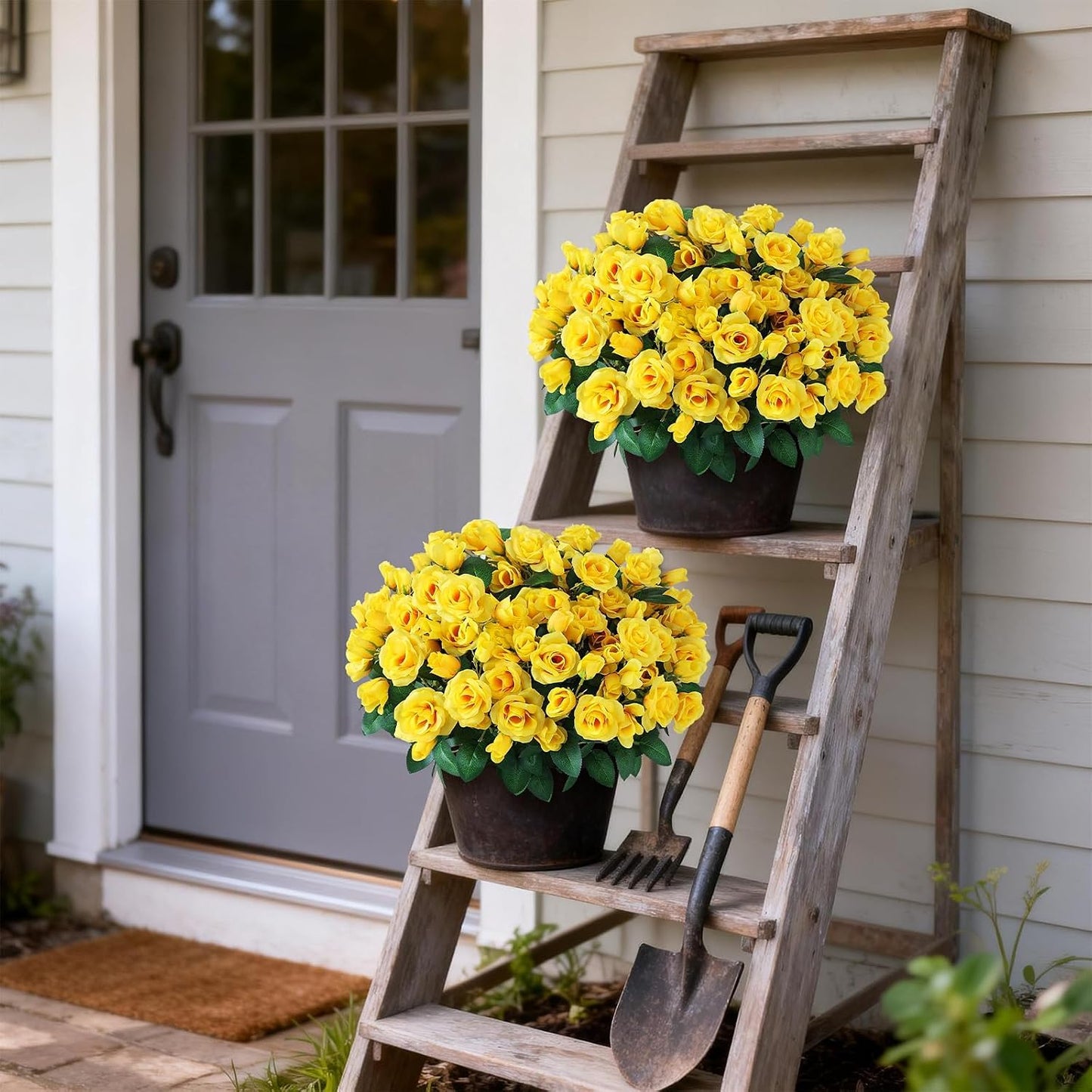 2Pcs 18"Artificial Silk Rose Flower Topiary Tree for Front Porch(Yellow) | No Assembly Needed, UV Resistant, Lifelike Potted Plant, Fake Bushes, for Outdoor/Farmhouse/Garden/Spring/Summer Decor