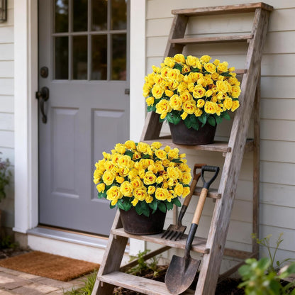 2Pcs 18"Artificial Silk Rose Flower Topiary Tree for Front Porch(Yellow) | No Assembly Needed, UV Resistant, Lifelike Potted Plant, Fake Bushes, for Outdoor/Farmhouse/Garden/Spring/Summer Decor