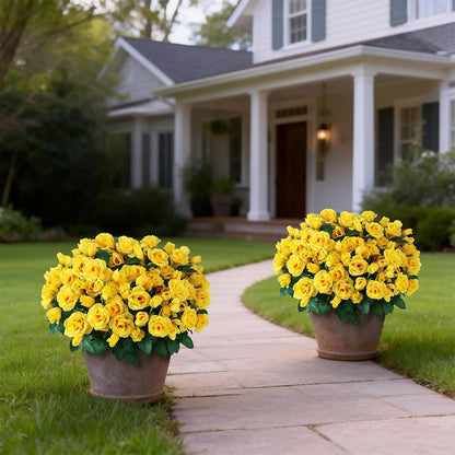 2Pcs 18"Artificial Silk Rose Flower Topiary Tree for Front Porch(Yellow) | No Assembly Needed, UV Resistant, Lifelike Potted Plant, Fake Bushes, for Outdoor/Farmhouse/Garden/Spring/Summer Decor