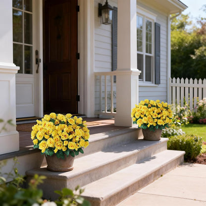 2Pcs 18"Artificial Silk Rose Flower Topiary Tree for Front Porch(Yellow) | No Assembly Needed, UV Resistant, Lifelike Potted Plant, Fake Bushes, for Outdoor/Farmhouse/Garden/Spring/Summer Decor
