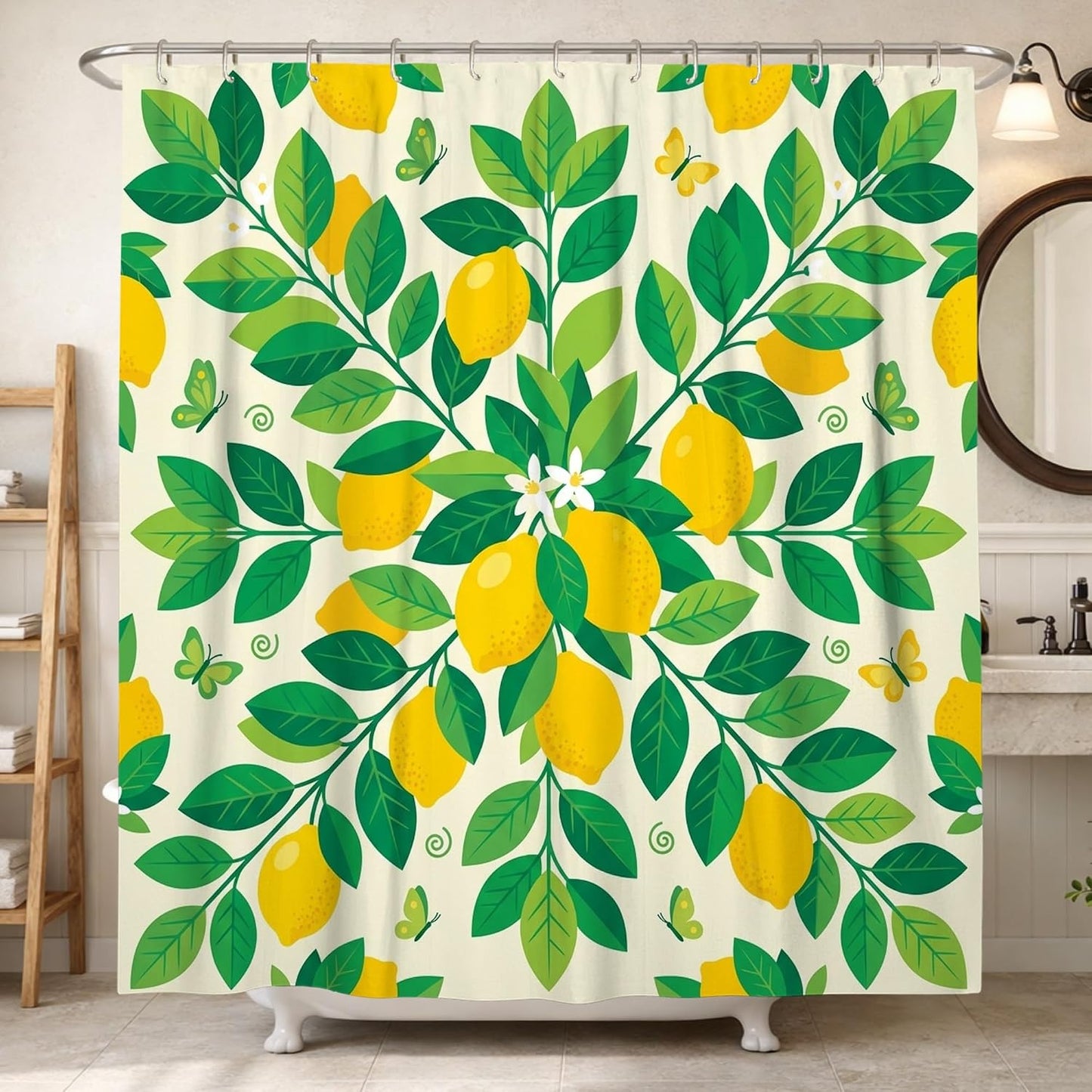 Lemon Shower Curtain, Summer Tropical Leaf Butterfly Summer Yellow Polyester Waterproof Toile Cloth Shower Curtains for Bathroom Toile Guest Room Decor 72x72 Inch