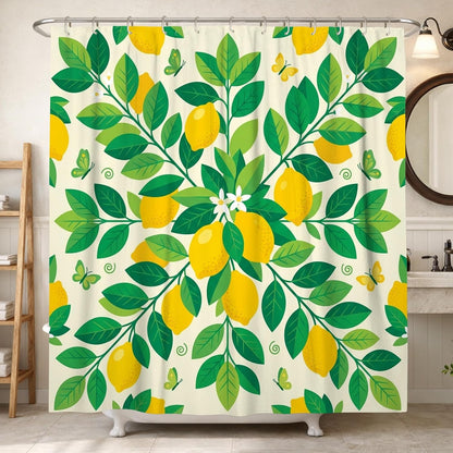 Lemon Shower Curtain, Summer Tropical Leaf Butterfly Summer Yellow Polyester Waterproof Toile Cloth Shower Curtains for Bathroom Toile Guest Room Decor 72x72 Inch