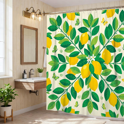Lemon Shower Curtain, Summer Tropical Leaf Butterfly Summer Yellow Polyester Waterproof Toile Cloth Shower Curtains for Bathroom Toile Guest Room Decor 72x72 Inch