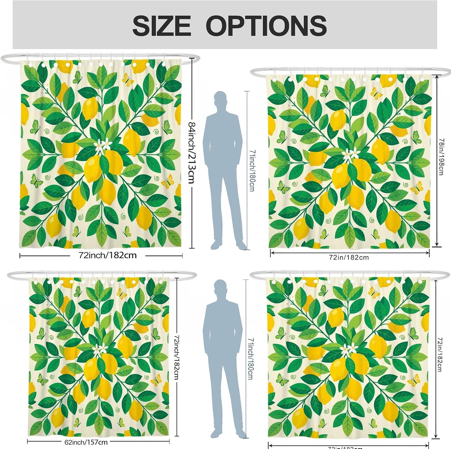 Lemon Shower Curtain, Summer Tropical Leaf Butterfly Summer Yellow Polyester Waterproof Toile Cloth Shower Curtains for Bathroom Toile Guest Room Decor 72x72 Inch
