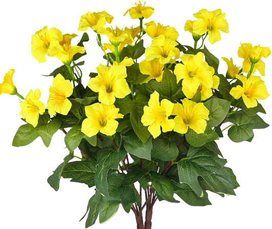 2 Pcs Artificial Flowers for Outdoors Fake Petunias Plants Outside Indoor Yellow Silk Morning Glory UV Resistant Realistic Faux Tropical Flowers for Planter Porch Patio Yard Garden Window