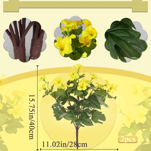 2 Pcs Artificial Flowers for Outdoors Fake Petunias Plants Outside Indoor Yellow Silk Morning Glory UV Resistant Realistic Faux Tropical Flowers for Planter Porch Patio Yard Garden Window