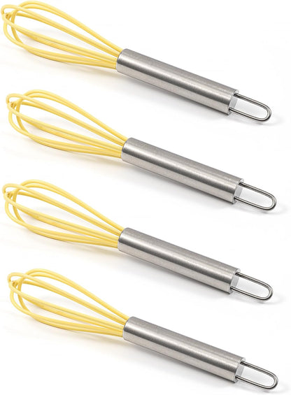 Mini Whisks 6 inch 4Pcs silica gel stainless steel Whisk, Hand Egg Mixer for Flour Cake Egg, Kitchen Cooking Baking Use Whisk (yellow)