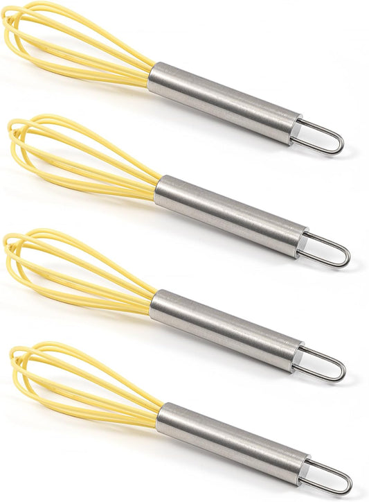 Mini Whisks 6 inch 4Pcs silica gel stainless steel Whisk, Hand Egg Mixer for Flour Cake Egg, Kitchen Cooking Baking Use Whisk (yellow)