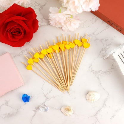 Yellow Heart Toothpicks for Appetizers 200PCS 4.7 Inch Valentines Heart Cocktail Picks for Drinks Food Appetizer Skewers Bamboo Toothpicks for Birthday Valentines Galentines Day Party Decorations