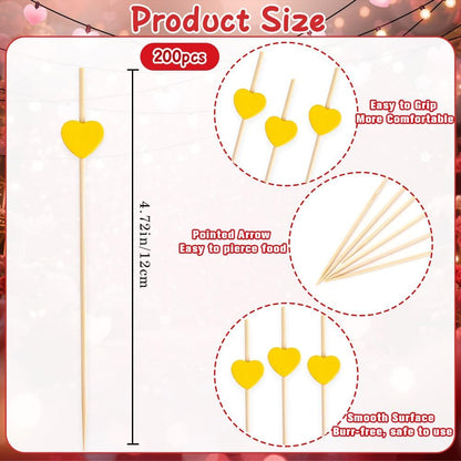 Yellow Heart Toothpicks for Appetizers 200PCS 4.7 Inch Valentines Heart Cocktail Picks for Drinks Food Appetizer Skewers Bamboo Toothpicks for Birthday Valentines Galentines Day Party Decorations