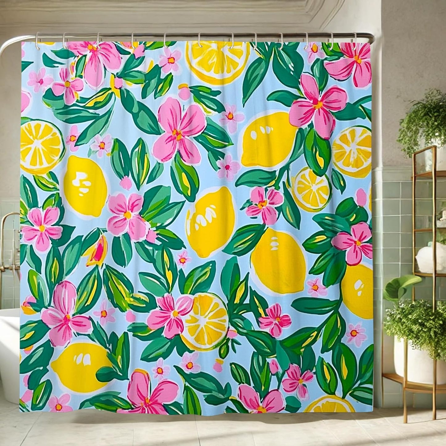 Lemon Floral Shower Curtain, Bright Yellow Peach Flower Bath Curtain for Bathroom Decor, Spring Summer Tropical Modern Waterproof Fabric Shower Curtain Set with Hooks 62x72 Inch